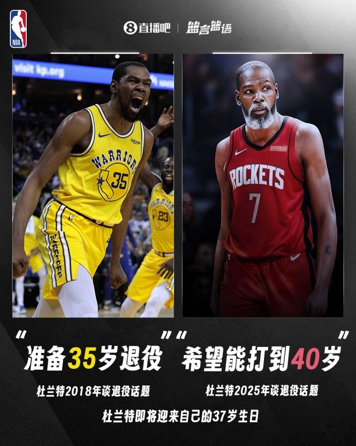 2018年杜兰特：准备35岁退役！2025年KD：希望打到40岁